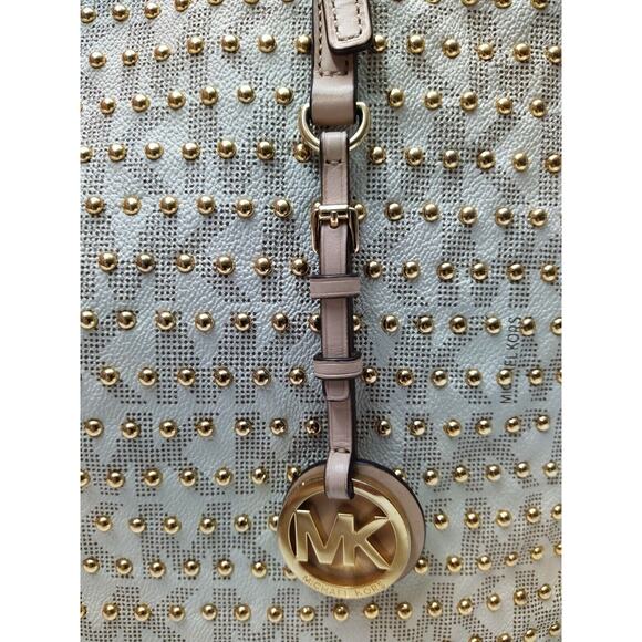 Michael Kors Jet Set Travel Vanilla PVC Leather Gold Studded Large Tote Bag - Picture 4 of 14